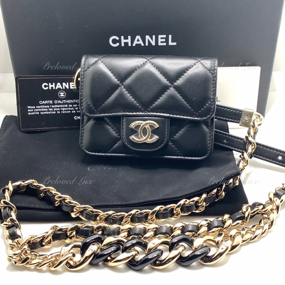 Authentic CHANEL Black Lambskin Mini Clutch Belt Waist Bag Gold Hardware - Picture 3 of 15